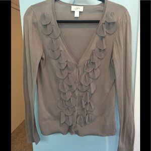 LOFT Taupe Cardigan with Ruffle Detail